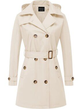 Women's Polyester Double Breasted Belted Detachable Hood Trench Coat